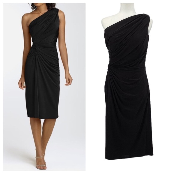 Tadashi Shoji Dresses & Skirts - Tadashi Shoji Black One Shoulder Ruched Midi Dress Size Large